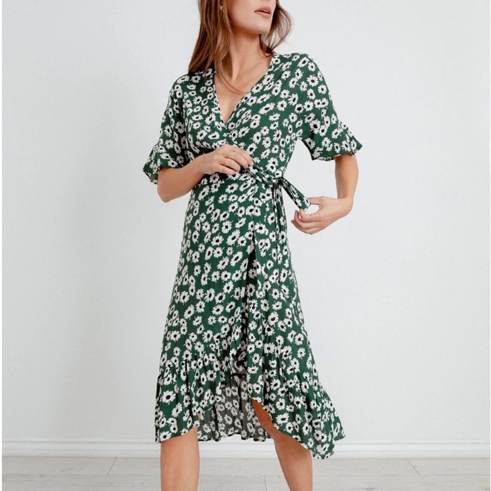 Rails Florence Wrap Midi Dress Green Daisies Size Medium